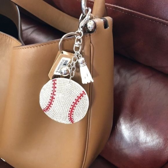 Puffed Rhinestone‎ Baseball Key Chain Purse Charm - Picture 7 of 8